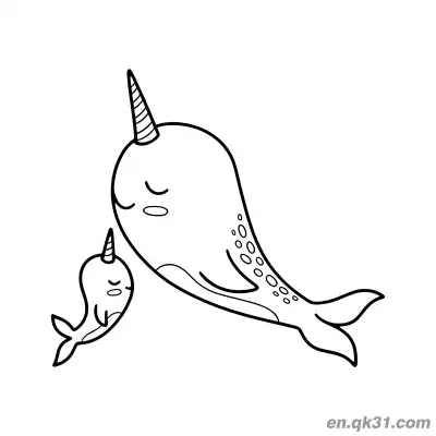 Free printable Mother and Baby Narwhal with Bubbles Coloring Page coloring page