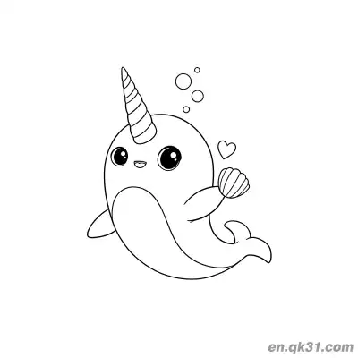 Free printable Narwhal Holding Shell with Heart and Bubbles Coloring Page coloring page