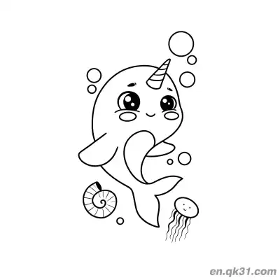 Free printable Narwhal with Jellyfish and Shell Coloring Page coloring page
