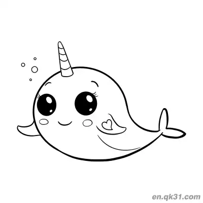 Free printable Narwhal with Tiny Heart and Bubbles Coloring Page coloring page