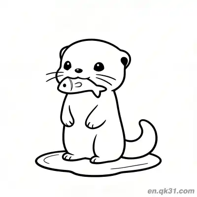 Free printable Chibi Otter Carrying Fish in Mouth Standing in Puddle Coloring Page coloring page