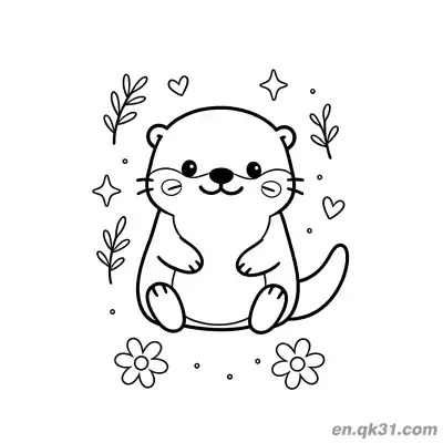 Free printable Chibi Otter with Floral and Heart Decor Coloring Page coloring page
