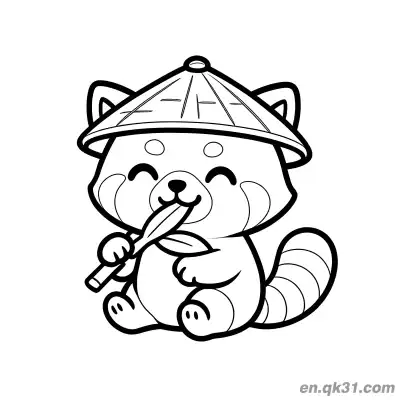 Free printable Red Panda with Bamboo Hat Eating Bamboo Coloring Page coloring page