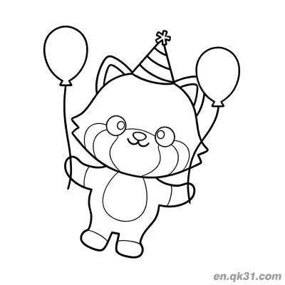 Free printable Red Panda with Party Hat and Balloons Coloring Page coloring page