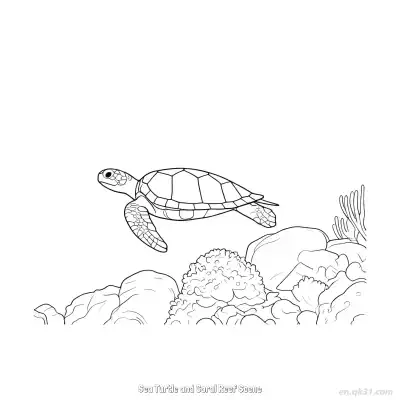 Free printable Sea Turtle and Coral Reef Scene  Coloring Page - Free PDF Printable Sea Turtle Coloring Sheets coloring page