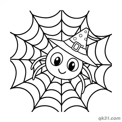 Halloween Witch Hat Spider on Web Coloring Page