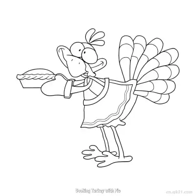 Free printable Cooking Turkey with Pie  Coloring Page - Free PDF Printable Turkey Coloring Sheets coloring page