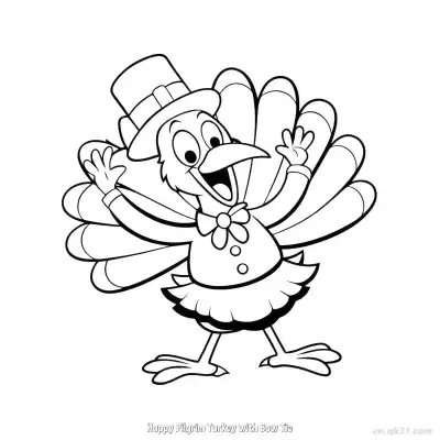 Free printable Happy Pilgrim Turkey with Bow Tie  Coloring Page - Free PDF Printable Turkey Coloring Sheets coloring page