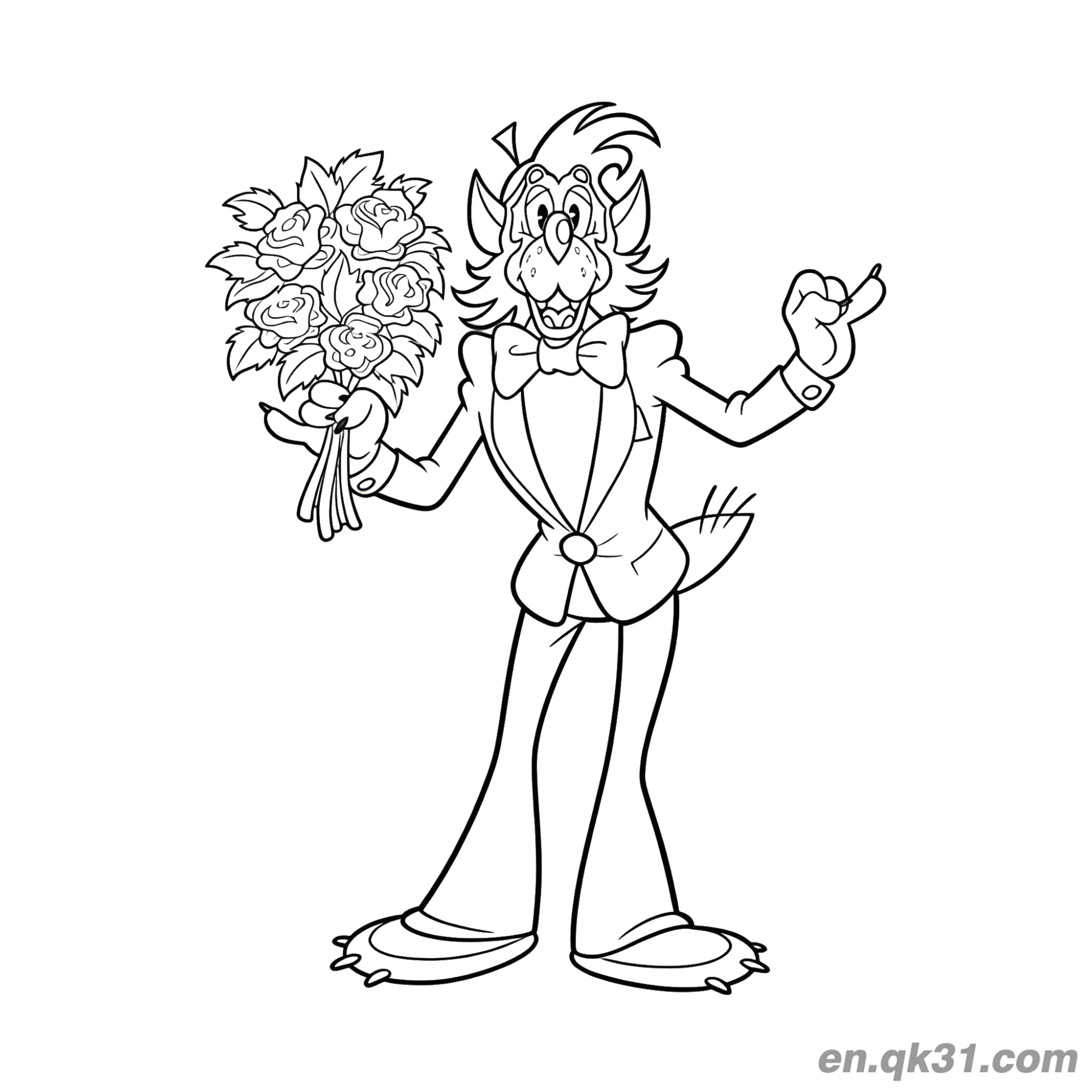 Romantic Wolf With Flower Bouquet Coloring Page – Free Printable Coloring Page for Kids and Adults