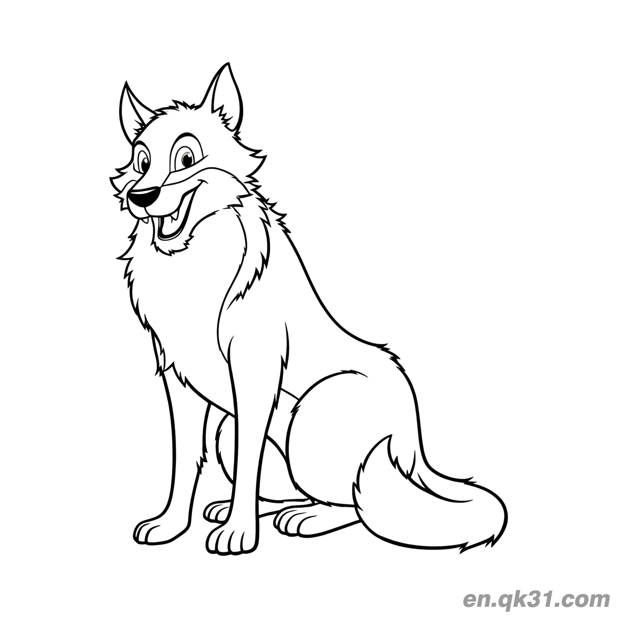 Smiling Sitting Cartoon Wolf Coloring Page – Free Printable Coloring Page for Kids and Adults
