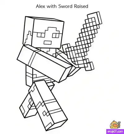 Free printable Draw Alex with Sword Raised – Minecraft Battle Pose Tutorial + Free Coloring Page coloring page