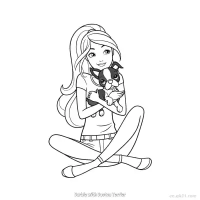 Free printable Barbie with Boston Terrier  Coloring Page - Free PDF Printable Barbie Coloring Sheets coloring page
