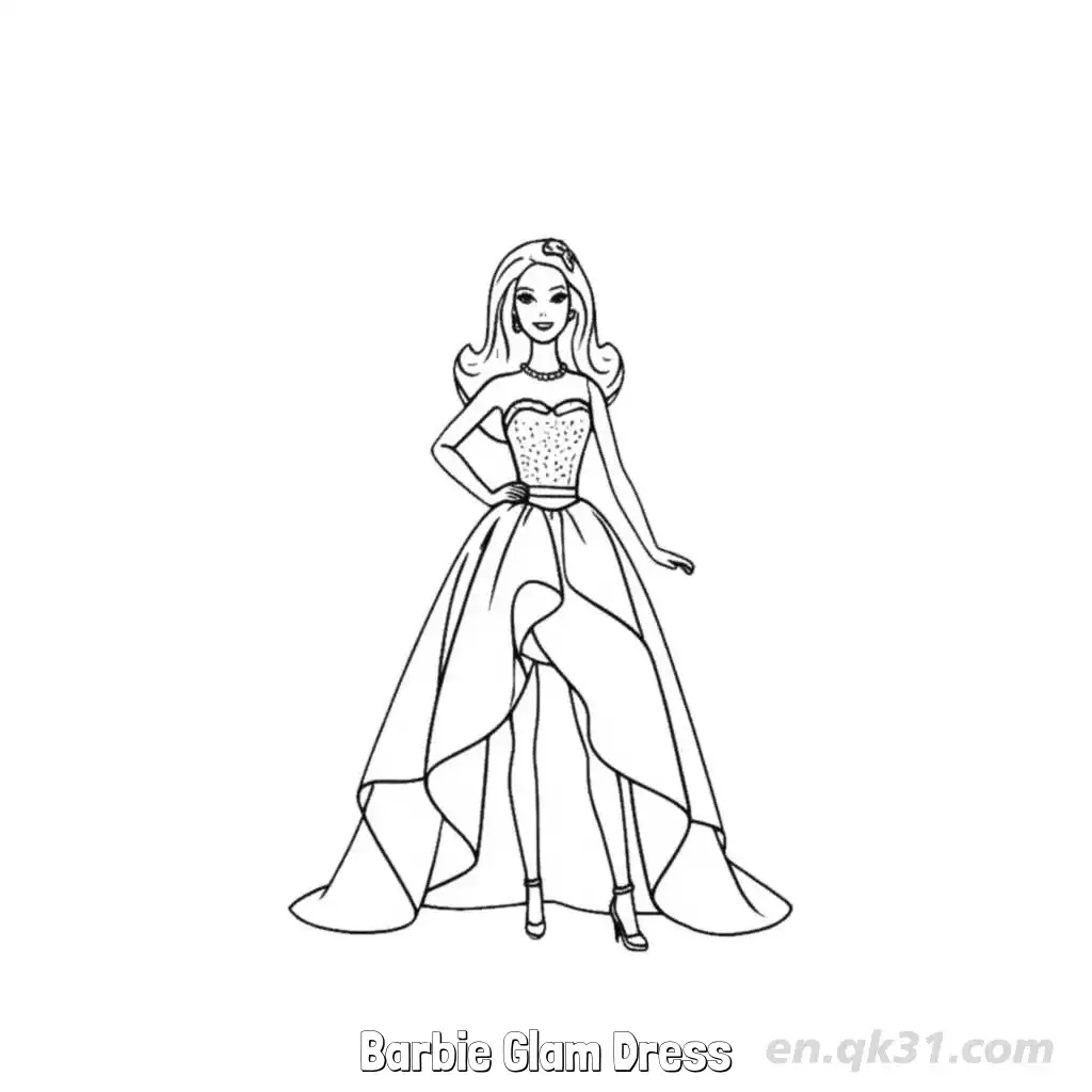 Barbie Glam Dress  Coloring Page - Free Printable Barbie PDF Coloring Sheets – Free Printable Coloring Page for Kids and Adults