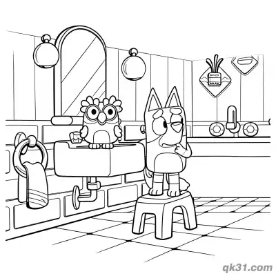 Free printable Bluey and Chattermax Bathroom Sink Fun Coloring Page | Printable PDF coloring page