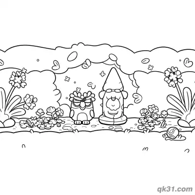 Free printable Chattermax with Garden Gnome in Bushes Coloring Page | Printable PDF coloring page