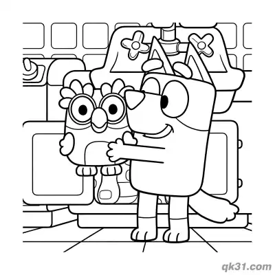 Free printable Bluey and Chattermax Hugging in Kitchen Coloring Page | Free Printable coloring page