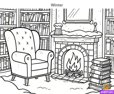 Free printable Cozy Fireplace Room Coloring Page - Hygge Winter Scene coloring page