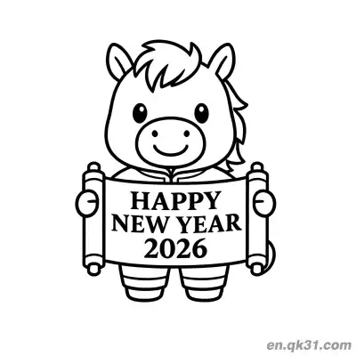 Free printable 2026 Year of the Horse Coloring Page with Happy Pony and Scroll coloring page