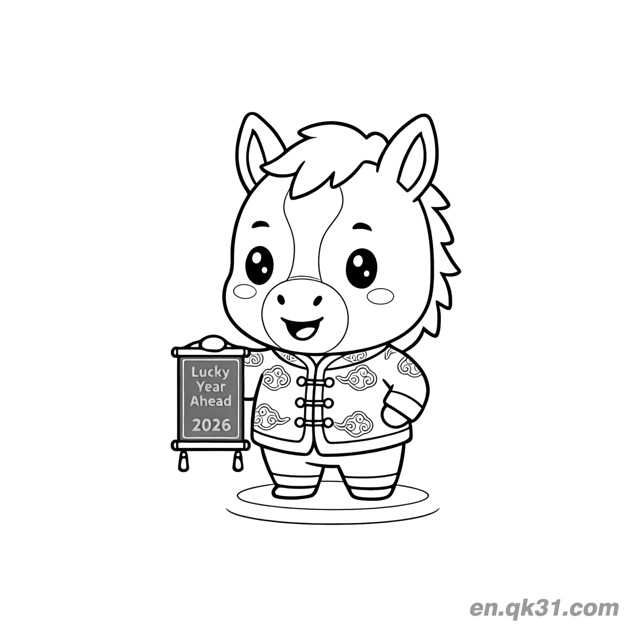 2026 Year of the Horse Coloring Page with Lucky Pony and Sign – Free Printable Coloring Page for Kids and Adults