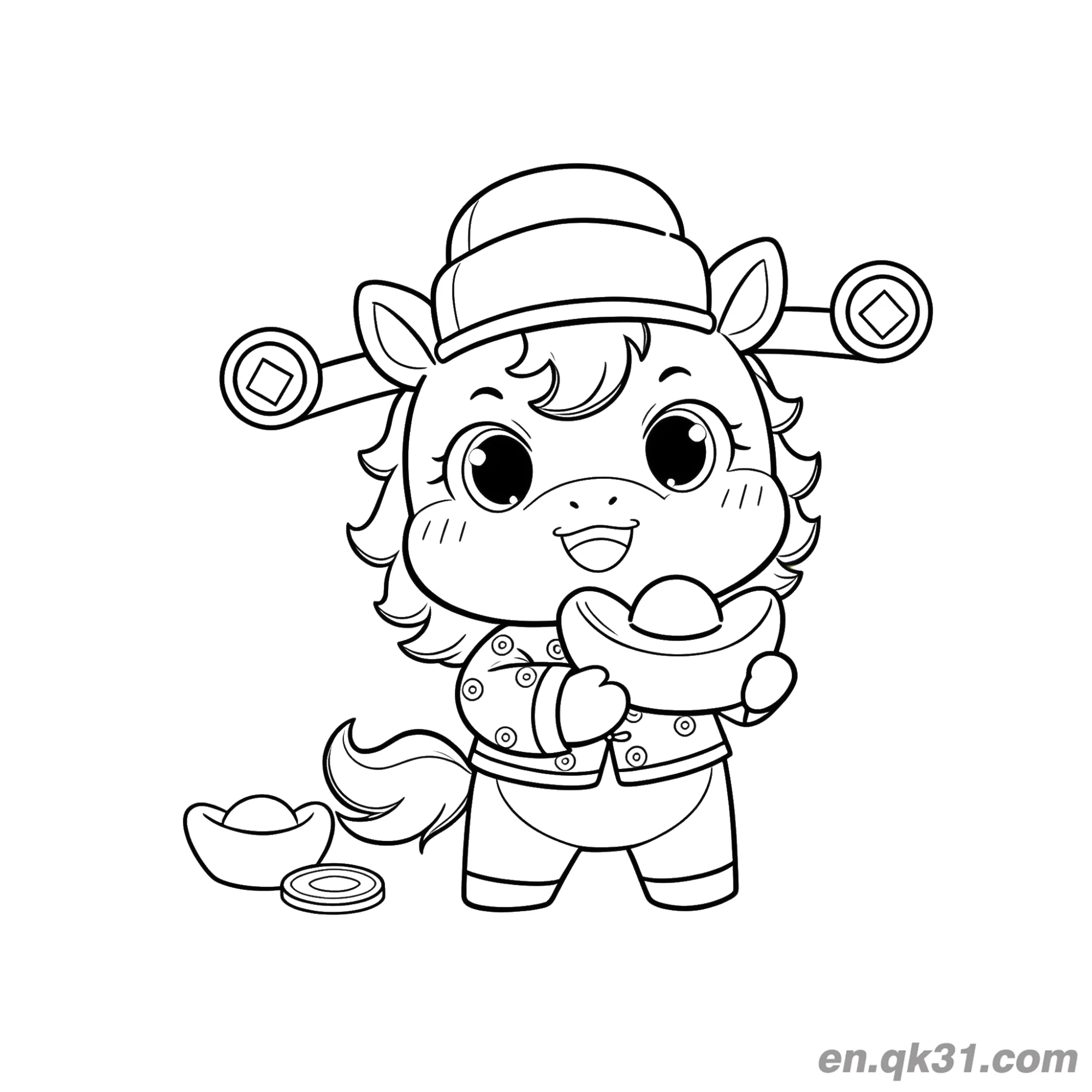 2026 Year of the Horse Coloring Page with Pony as God of Wealth – Free Printable Coloring Page for Kids and Adults
