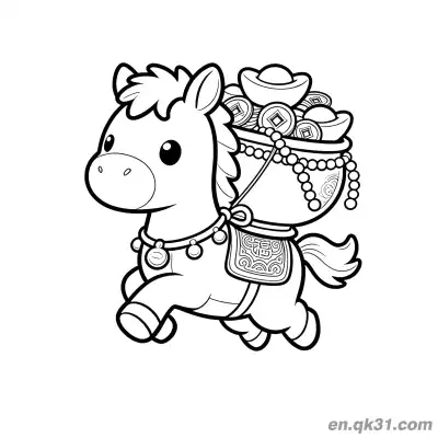 Free printable 2026 Year of the Horse Coloring Page with Pony Carrying Treasure Basket coloring page