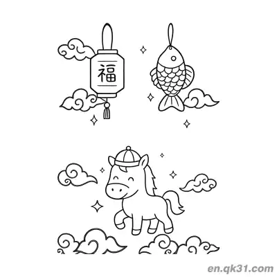 Free printable 2026 Year of the Horse Coloring Page with Pony, Fu Lantern and Fish coloring page