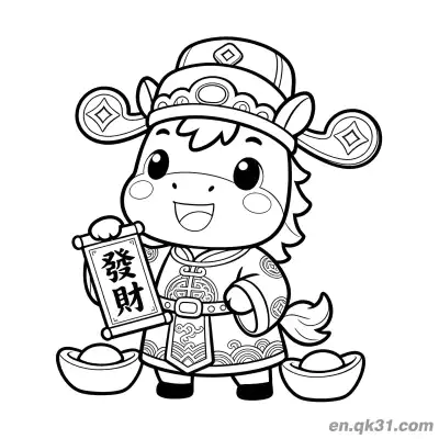 Free printable 2026 Year of the Horse Coloring Page with Pony God of Wealth and Fa Cai Scroll coloring page