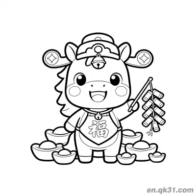 Free printable 2026 Year of the Horse Coloring Page with Pony God of Wealth and Firecrackers coloring page