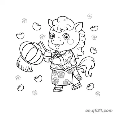 Free printable 2026 Year of the Horse Coloring Page with Pony Holding Lantern and Petals coloring page