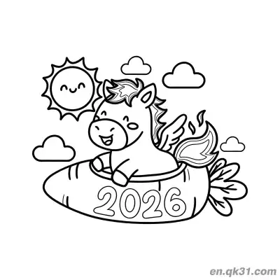 Free printable 2026 Year of the Horse Coloring Page with Pony in Carrot and Sun coloring page