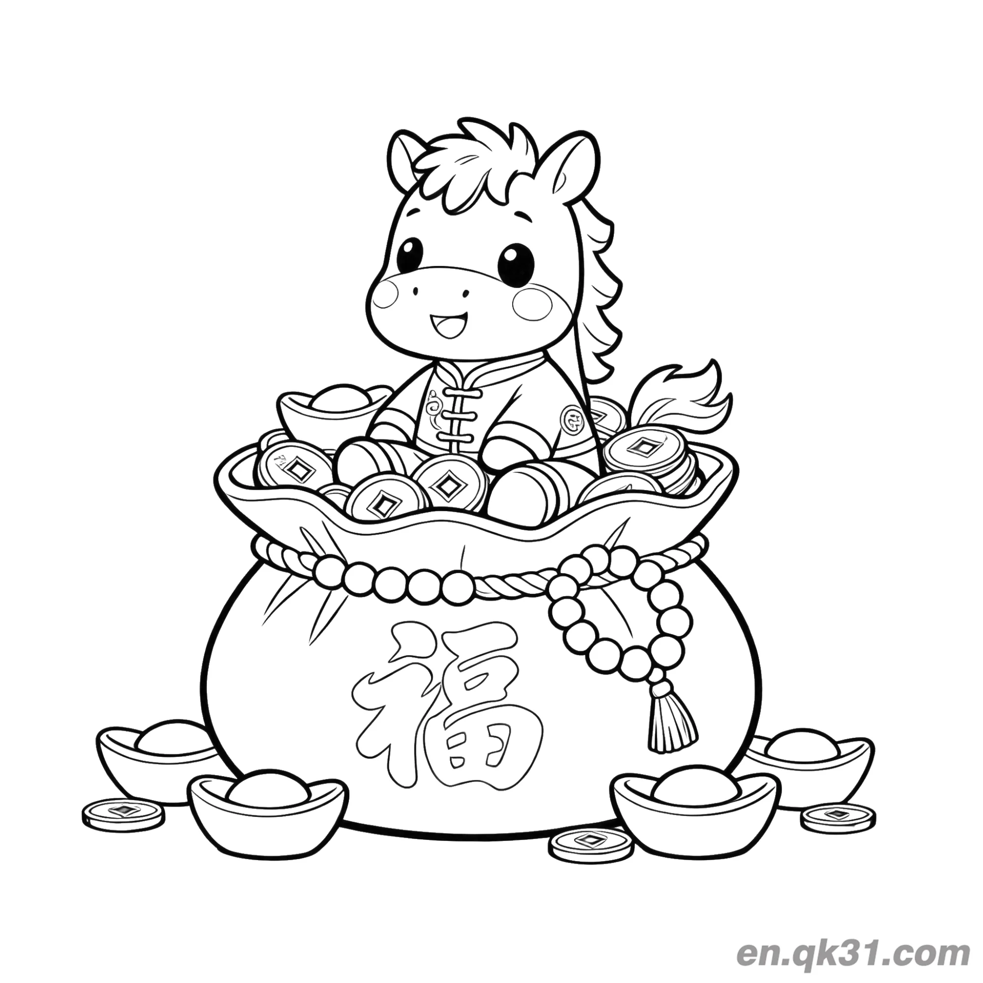 2026 Year of the Horse Coloring Page with Pony in Fortune Bag – Free Printable Coloring Page for Kids and Adults