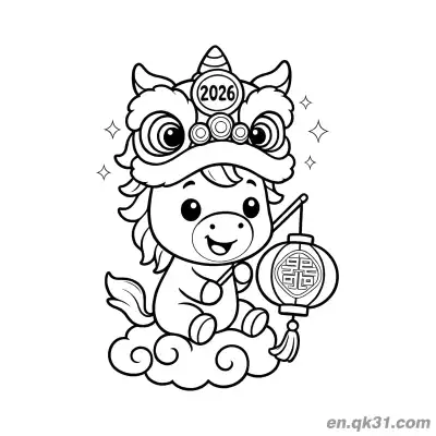 Free printable 2026 Year of the Horse Coloring Page with Pony in Lion Dance Head and Lantern on Cloud coloring page