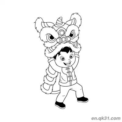 Free printable Chinese New Year Coloring Page with Boy Holding Lion Dance Head coloring page