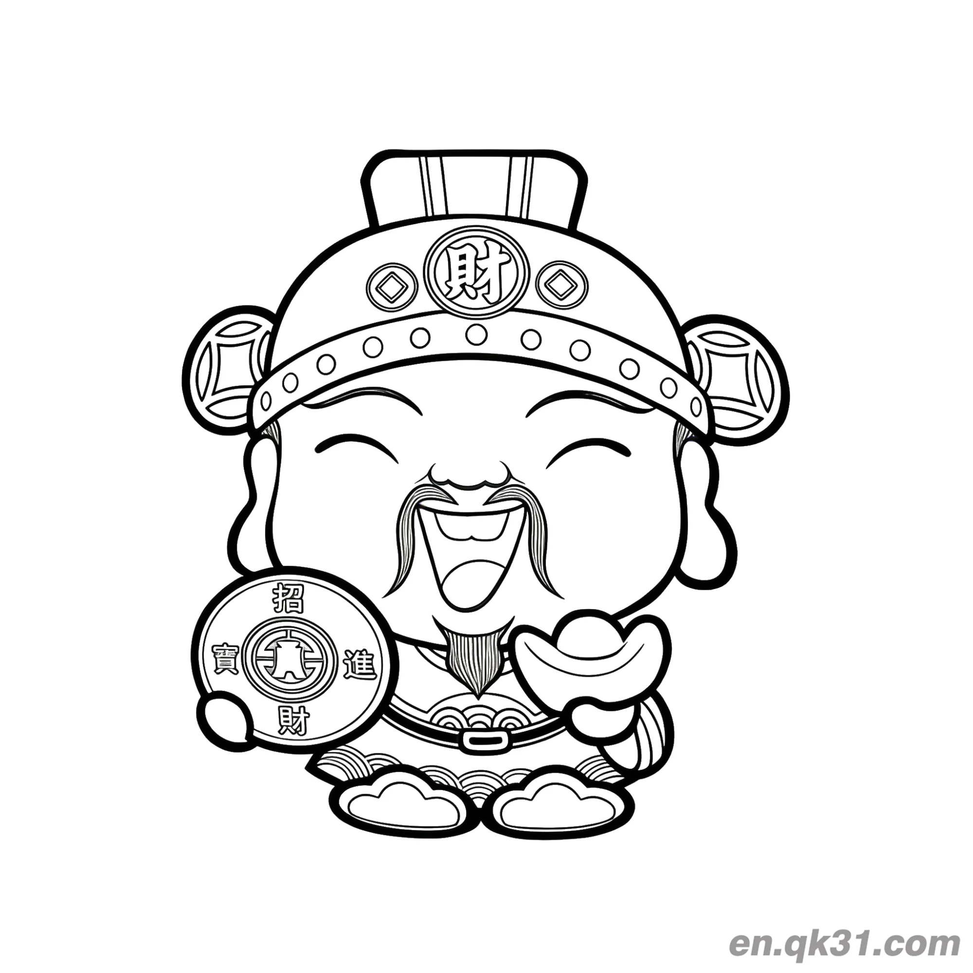 Chinese New Year Coloring Page with Cartoon God of Wealth and Fortune Coin – Free Printable Coloring Page for Kids and Adults