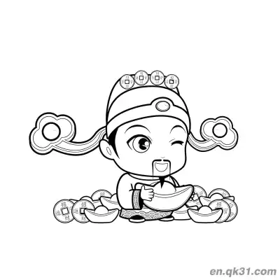 Free printable Chinese New Year Coloring Page with Chibi God of Wealth Sitting on Coins coloring page