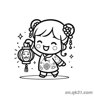 Free printable Chinese New Year Coloring Page with Girl Holding Smiling Lantern coloring page
