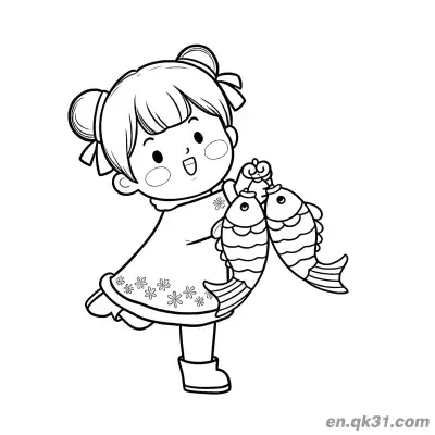 Free printable Chinese New Year Coloring Page with Girl Holding Two Fish coloring page