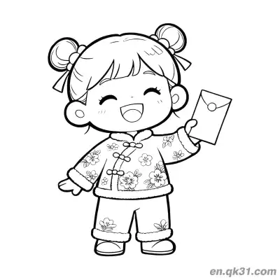 Free printable Chinese New Year Coloring Page with Girl in Floral Outfit Holding Red Envelope coloring page