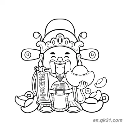 Free printable Chinese New Year Coloring Page with God of Wealth and Fortune Scroll coloring page