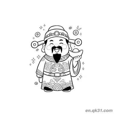 Free printable Chinese New Year Coloring Page with God of Wealth and Gold Ingot coloring page