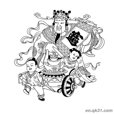 Free printable Chinese New Year Coloring Page with God of Wealth and Treasure Cart coloring page
