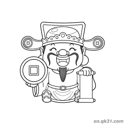 Free printable Chinese New Year Coloring Page with God of Wealth Holding Coin and Scroll coloring page