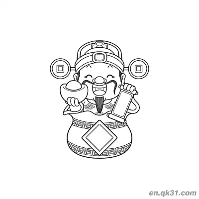 Free printable Chinese New Year Coloring Page with God of Wealth Holding Gold Ingot and Blank Scroll coloring page