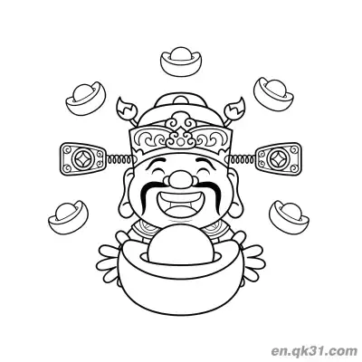 Free printable Chinese New Year Coloring Page with God of Wealth Holding Gold Ingot and Scattering Ingots coloring page