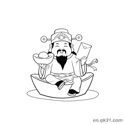 Free printable Chinese New Year Coloring Page with God of Wealth on Gold Ingot coloring page
