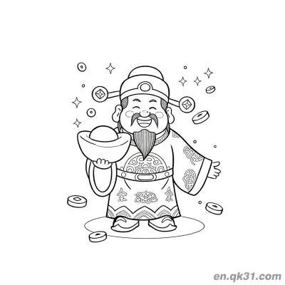 Free printable Chinese New Year Coloring Page with God of Wealth Scattering Coins coloring page