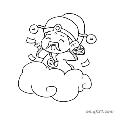 Free printable Chinese New Year Coloring Page with God of Wealth Scattering Money on Cloud coloring page