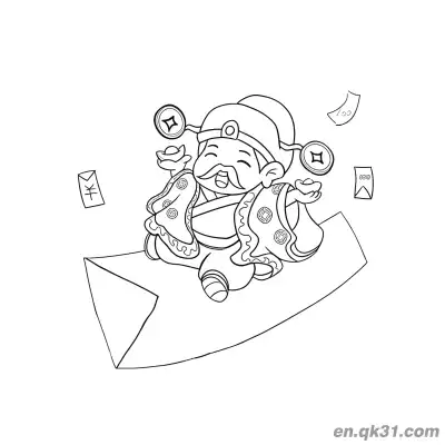 Free printable Chinese New Year Coloring Page with God of Wealth Scattering Money coloring page