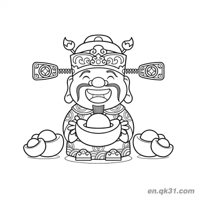 Free printable Chinese New Year Coloring Page with God of Wealth Sitting and Holding Gold Ingot coloring page