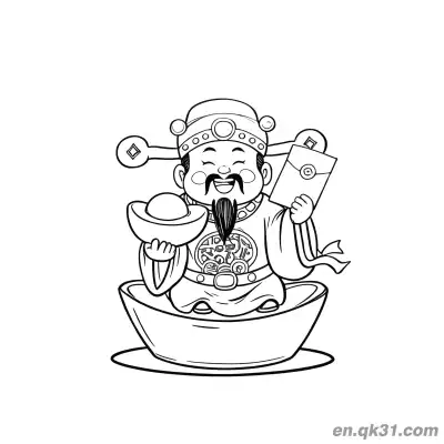 Free printable Chinese New Year Coloring Page with God of Wealth Sitting on Gold Ingot and Holding Red Envelope coloring page